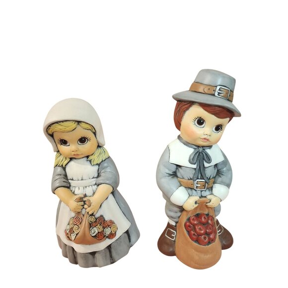 Vintage Pilgrim Boy & Girl Figurines Thanksgiving Decor Hand-Painted - Picture 1 of 3